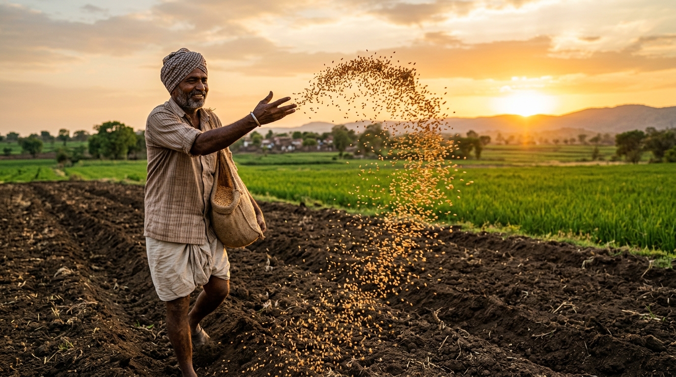 The Mitti Tech — Farmer inspecting soil at dawn